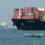 INDIA, KERALA - JANUARY 18 : Container ship in the Cochin lagoon in Kerala on January 18, 2017 in India. (Photo by Frédéric Soltan/Corbis via Getty Images)